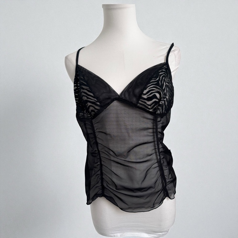 Sheer Black Zebra Mesh Ruched Camisole – Y2K Panther Babe Aesthetic - Picture 1 of 5